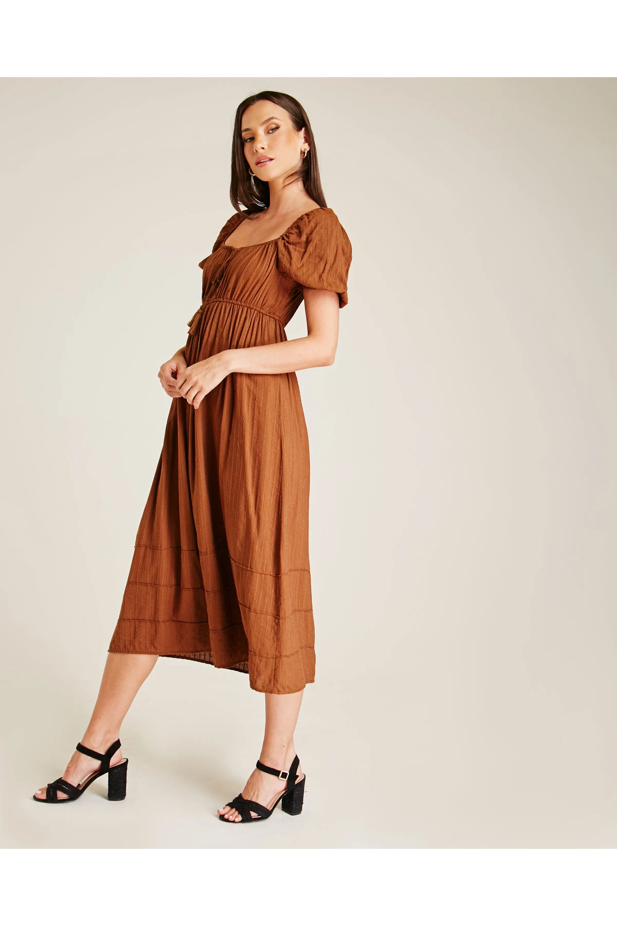 Dusty Pink Stitched Square Neck Midi Dress | Brown 2 Dusty Pink Stitched Square Neck Midi Dress | Brown - Image 2