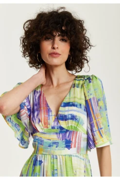 Liquorish Green Abstract Print Midi Dress With Short Sleeves -Yumi Clothing Shop OZT9wa95 15657