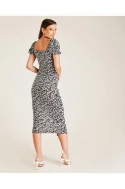 Dusty Pink Flower Printed Square Neck Dress -Yumi Clothing Shop PKphDihy 12037