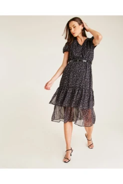 Dusty Pink Printed Tiered Belted Dress