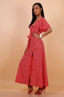 Lilura London Wrap Front Split Leg Maxi Dress Red Daisy Dot -Yumi Clothing Shop PwFGuvXQ 10615
