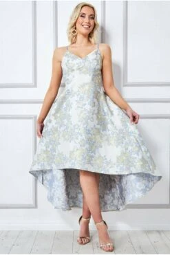 Goddiva Jacquard High Low Midi Dress - Blue -Yumi Clothing Shop PzMEF4G7 9180