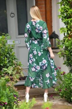 Yumi Green Watercolour Floral Dip Hem Midi Dress -Yumi Clothing Shop Q18Gv2at 13359