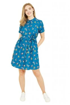 Yumi Recycled Teal Cat And Wool Print Shirt Dress