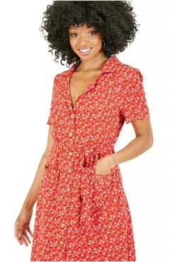 Yumi Red Ditsy Leaf Print Retro Shirt Dress -Yumi Clothing Shop Q1Z6Kn88 13968