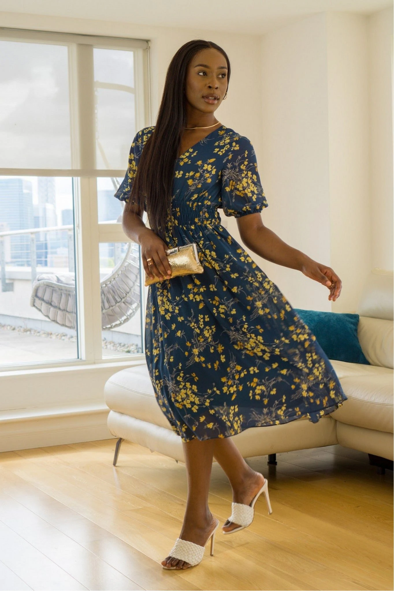 Double Second Chiffon V-neck Shirred Waist Dress 3 Double Second Chiffon V-neck Shirred Waist Dress - Image 3