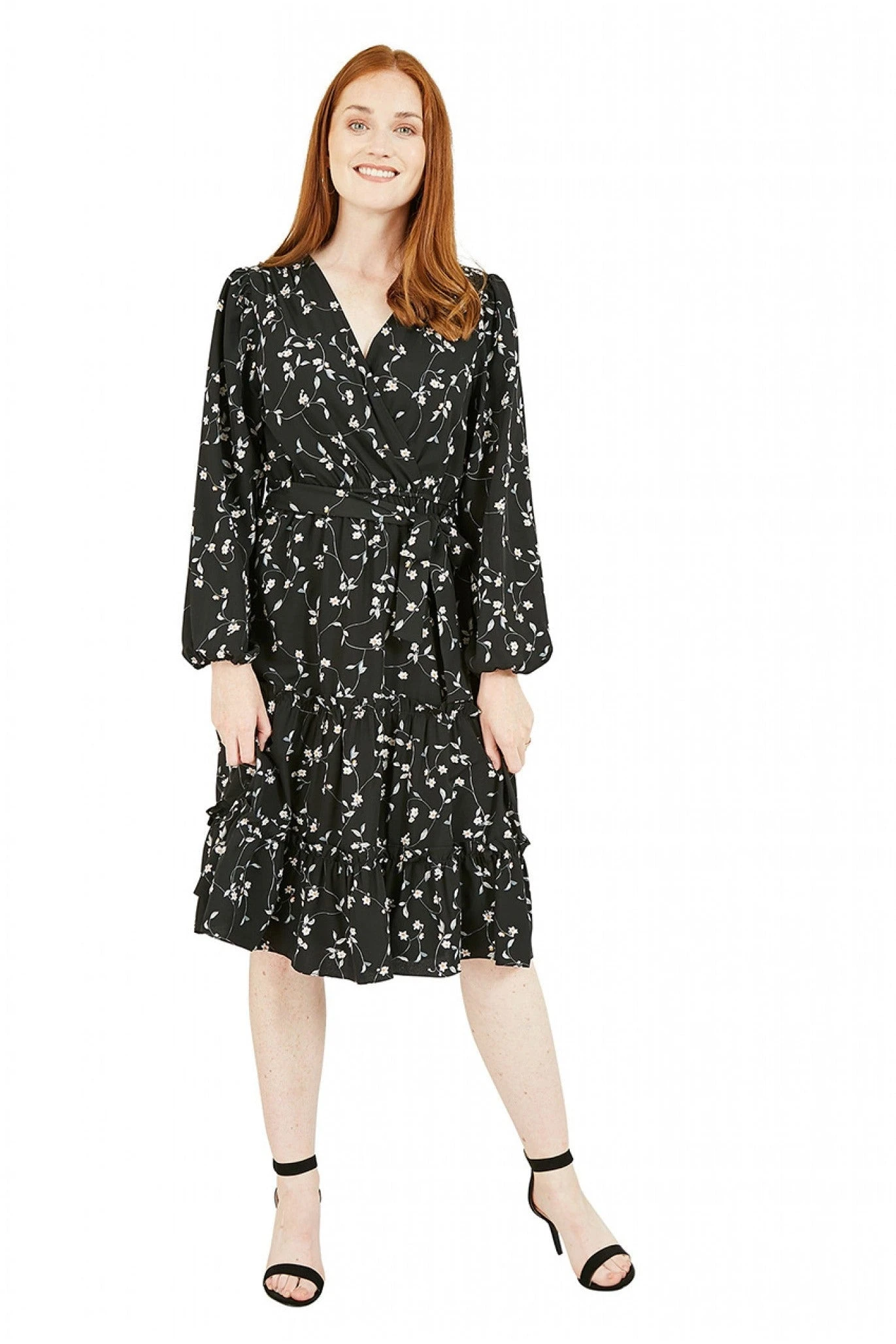 Mela London Black Floral Wrap Dress With Frill Hem 1 Mela London Black Floral Wrap Dress With Frill Hem