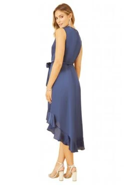 Mela London Navy Satin Dipped Hem Wrap Over Midi Dress -Yumi Clothing Shop Q78ISahI 14769