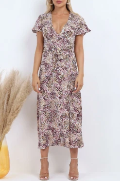 Lilura London Wrap Front Split Leg Maxi Dress In White Multi -Yumi Clothing Shop QHF9z4OM 10617