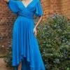 Goddiva Pleated Chiffon High Low Midi Dress - Atlantic Blue