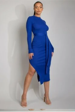 De La Creme Fashions Ribbed Round Neck Belted Midi Dress