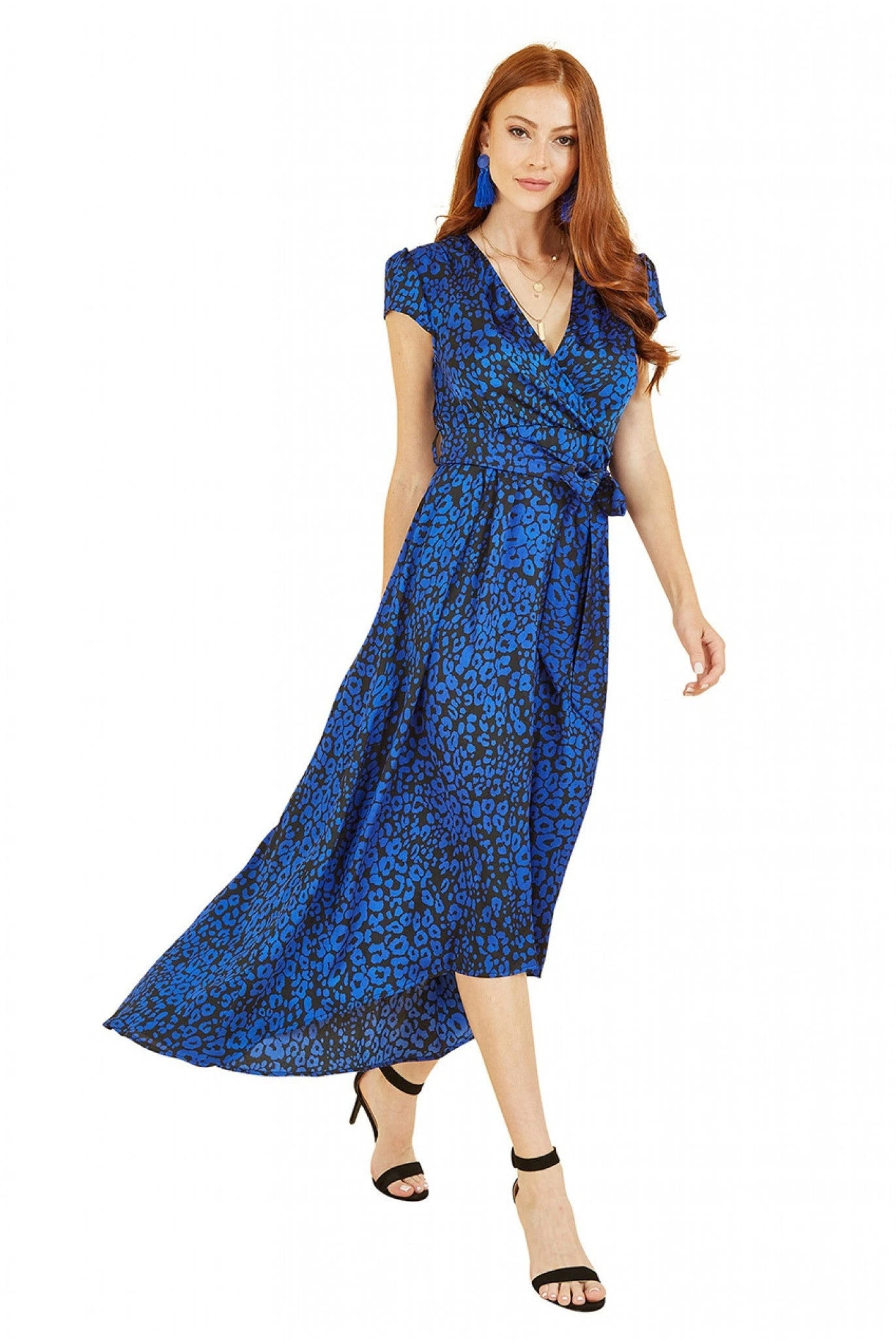 Mela London Blue Animal Print Dip Hem Midi Wrap Dress 1 Mela London Blue Animal Print Dip Hem Midi Wrap Dress