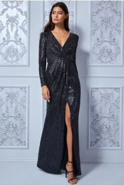 Goddiva Wrap Style Front Split Metallic Maxi Dress - Black -Yumi Clothing Shop R1TlhP4x 14427