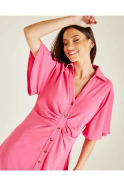 Dusty Pink Ruched Front Button Up Dress | Fuchsia -Yumi Clothing Shop R5IA6wha 12202