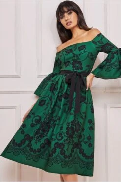 Goddiva Printed Off The Shoulder Midi Dress - Emerald Green -Yumi Clothing Shop RMdBWOU3 11619