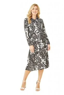 Mela London Black Animal Print Long Sleeve Midi Shirt Dress