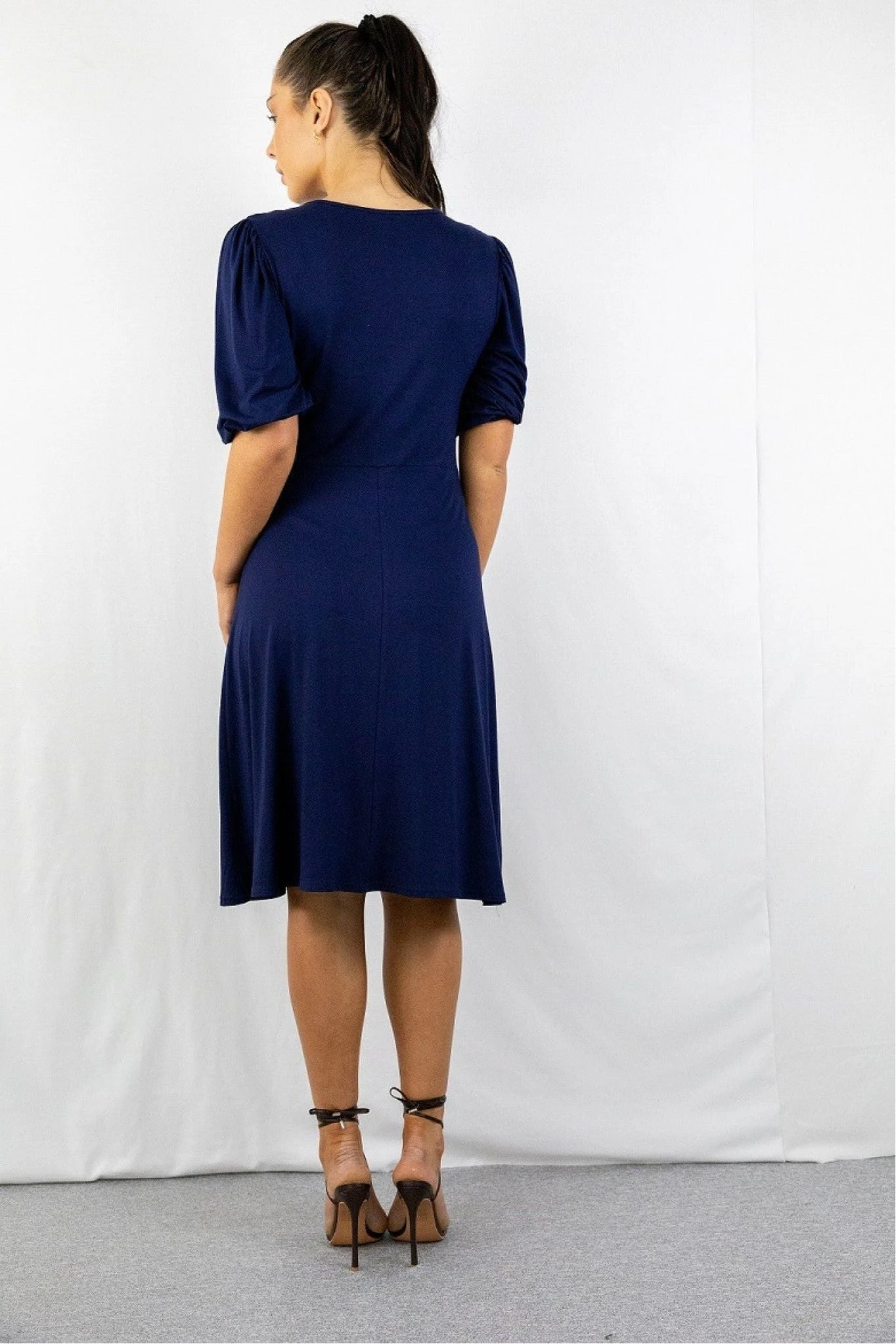 Signage Navy Round Neck Puff Sleeve Midi Dress 2 Signage Navy Round Neck Puff Sleeve Midi Dress - Image 2