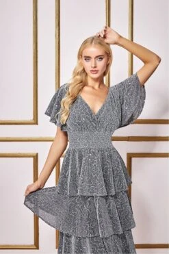 Goddiva Sequin Lurex Tiered Maxi Dress - Silver -Yumi Clothing Shop RYdbV4p3 13700