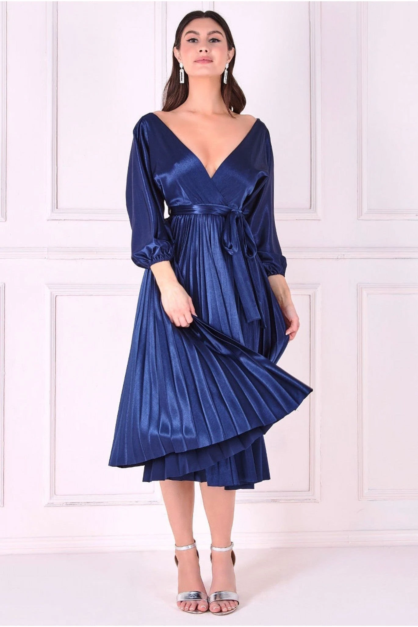 Goddiva Satin Pleated Skirt Wrap Midi Dress - Navy 1 Goddiva Satin Pleated Skirt Wrap Midi Dress - Navy