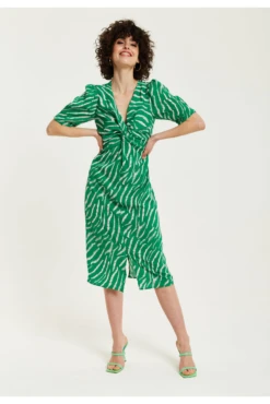 Liquorish Green Zebra Print Knot Front Midi Dress