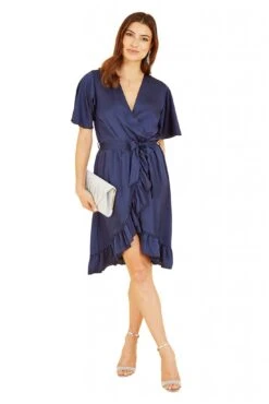 Mela London Navy Satin Wrap Dress -Yumi Clothing Shop RqvLVUEH 13503