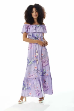 Liquorish Bird Floral Print Off Shoulder Maxi Dress Lilac