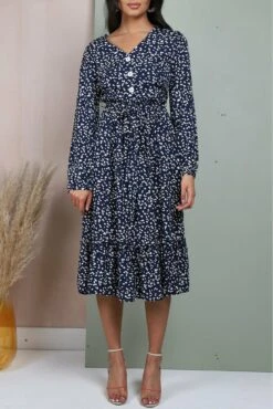 Lilura London Button Front Belted Midi Dress In Navy Floral -Yumi Clothing Shop RzlbMs7h 10580
