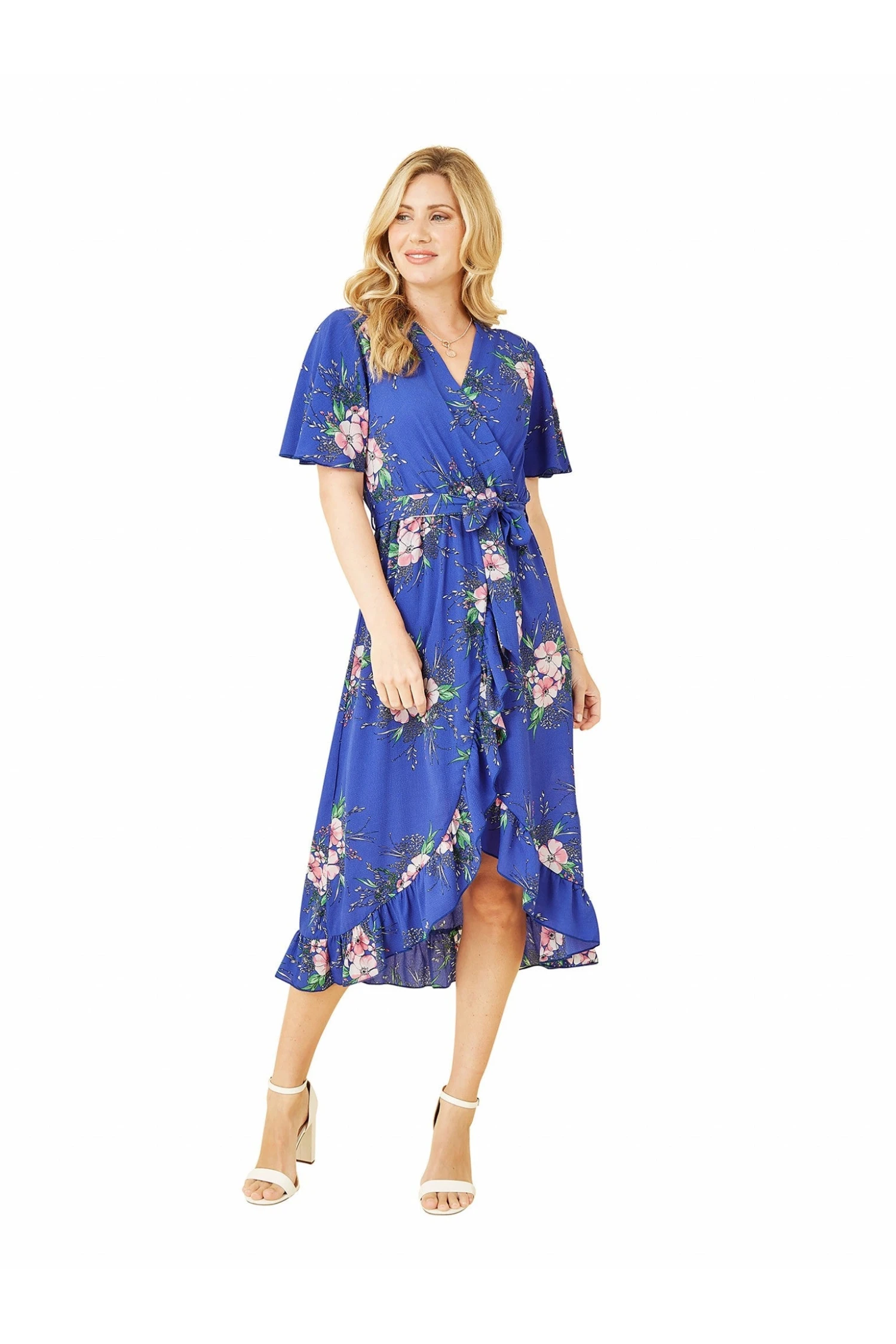 Mela London Blue Floral Dip Hem Wrap Midi Dress 3 Mela London Blue Floral Dip Hem Wrap Midi Dress - Image 3