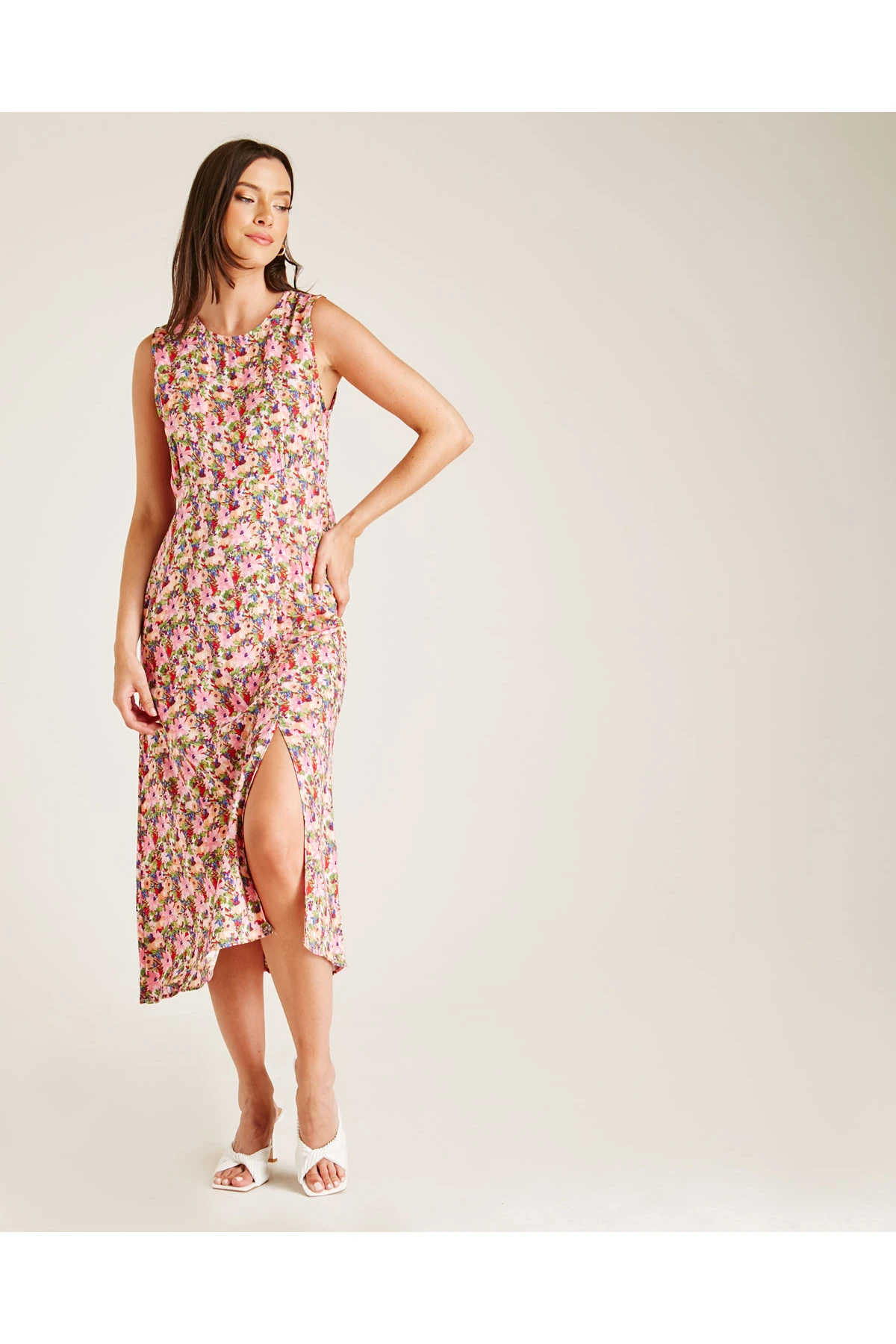 Dusty Pink Floral Slit Front Midi Dress 1 Dusty Pink Floral Slit Front Midi Dress