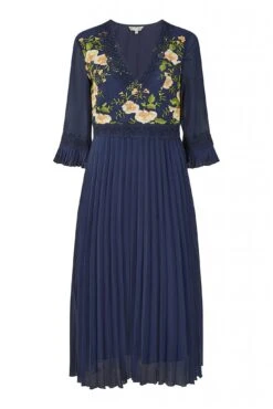 Yumi Navy Embroidered Floral Pleated Midi Dress -Yumi Clothing Shop SRmJjrbE 14782