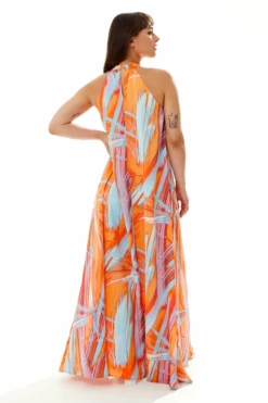 Liquorish Maxi Abstract Print Dress With A High Neck Orange -Yumi Clothing Shop SgGAw2JH 10784