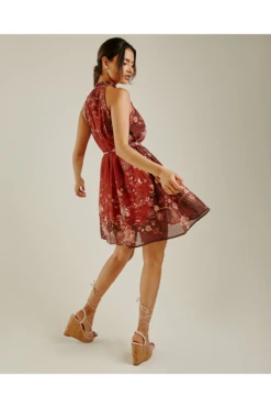 Dusty Pink Halter Neck Printed A-line Dress -Yumi Clothing Shop SjA6CyCJ 11582