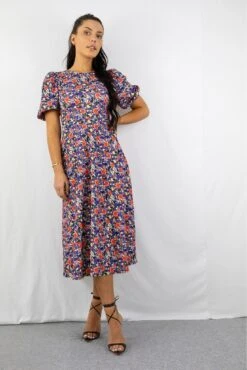 Signage Blue Floral Print Round Neck Puff Sleeve Midi Dress -Yumi Clothing Shop SrAlxK6N 15266