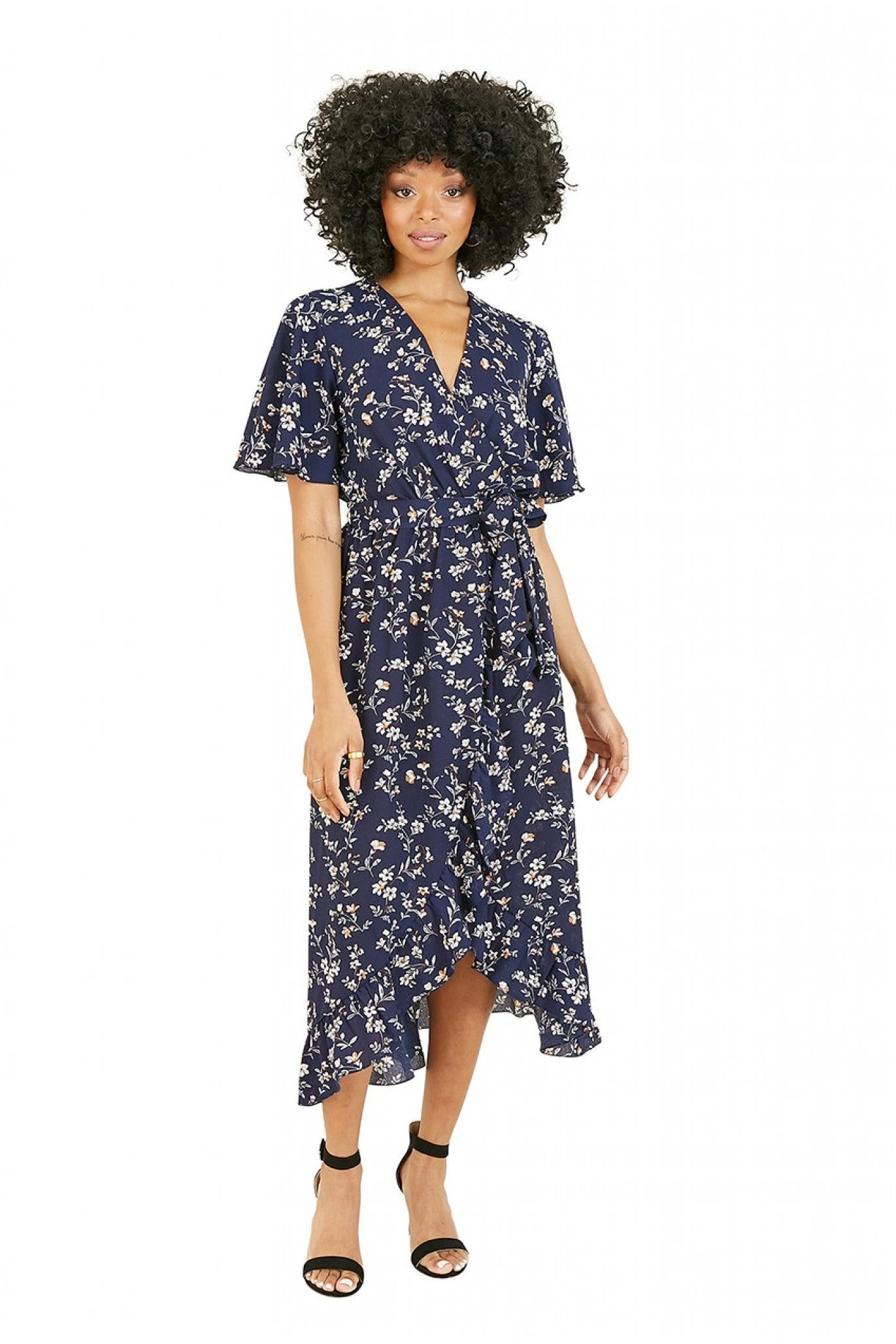 Mela London Navy Ditsy High Low Frill Wrap Dress 3 Mela London Navy Ditsy High Low Frill Wrap Dress - Image 3