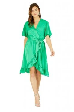 Mela London Green Satin Wrap Dress -Yumi Clothing Shop SyuIGNIj 13505