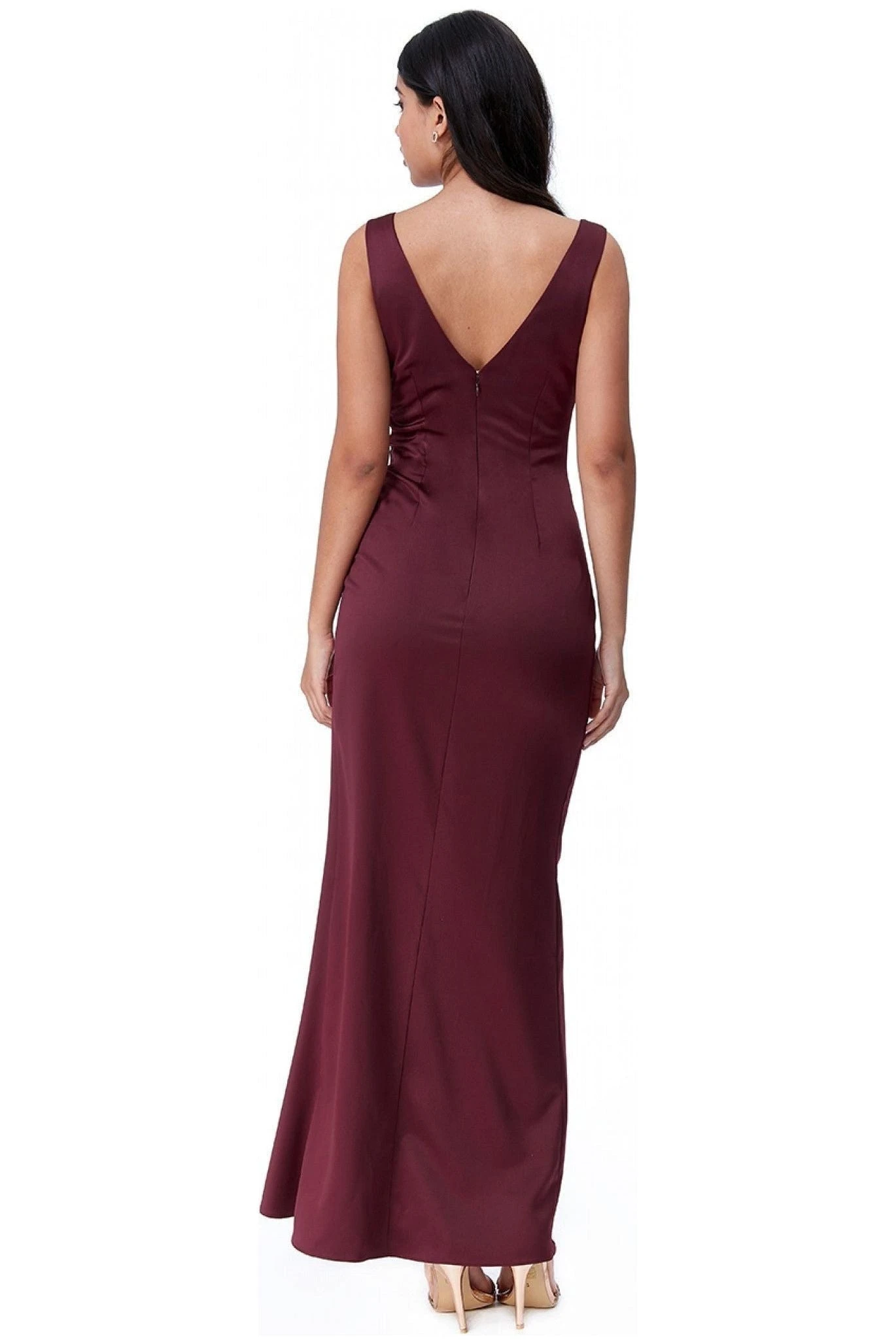 Goddiva Waterfall Satin Maxi Dress - Wine 2 Goddiva Waterfall Satin Maxi Dress - Wine - Image 2