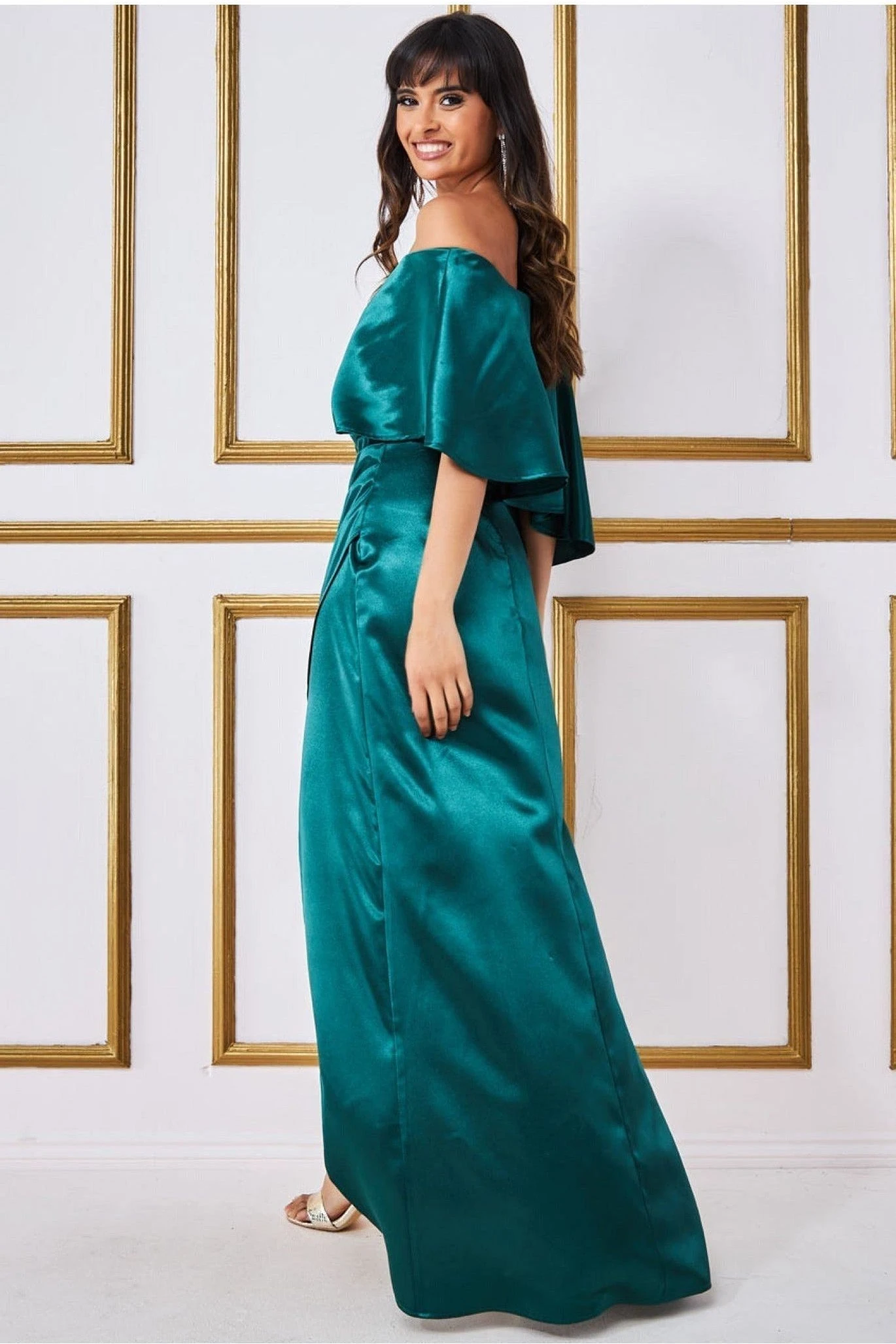 Goddiva Satin Drape Shoulder Wrap Maxi Dress - Emerald Green 3 Goddiva Satin Drape Shoulder Wrap Maxi Dress - Emerald Green - Image 3