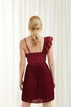 Double Second Red Asymmetric Pleated Lace Dress -Yumi Clothing Shop TiwSgtlQ 11892