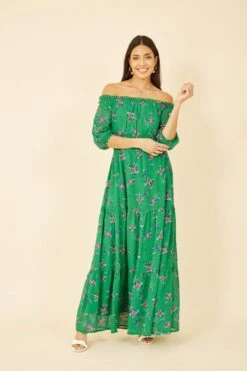 Yumi Green Floral Bardot Long Sleeve Maxi Dress