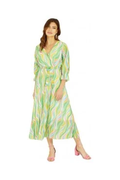 Yumi Green Swirl Print Pleated Dress With Belt