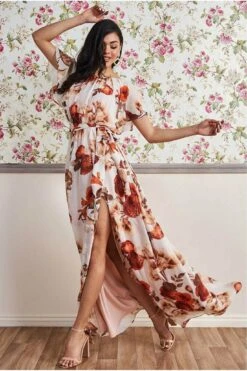 Goddiva Wrap Back Flutter Sleeve Maxi Dress - Beige -Yumi Clothing Shop TylLSMsp 9840