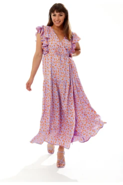 Liquorish Cheetah Print Maxi Wrap Dress In Lilac And Orange