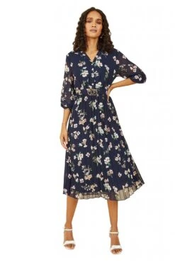 Mela London Navy Floral Print Midi Dress With Gold Buckle -Yumi Clothing Shop UAEX4umK 14777