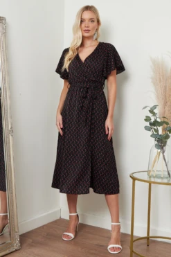 Lilura London Angel Sleeves Midi Wrap Dress In Black Floral -Yumi Clothing Shop UAsKQZhP 15698