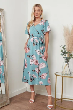 Lilura London Angel Sleeves Midi Wrap Dress In Green Floral -Yumi Clothing Shop UFsovzxT 15697