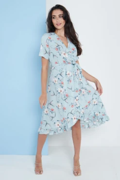 Lilura London Floral Frill Midi Wrap Dress In Blue -Yumi Clothing Shop UNAr9rsr 15707