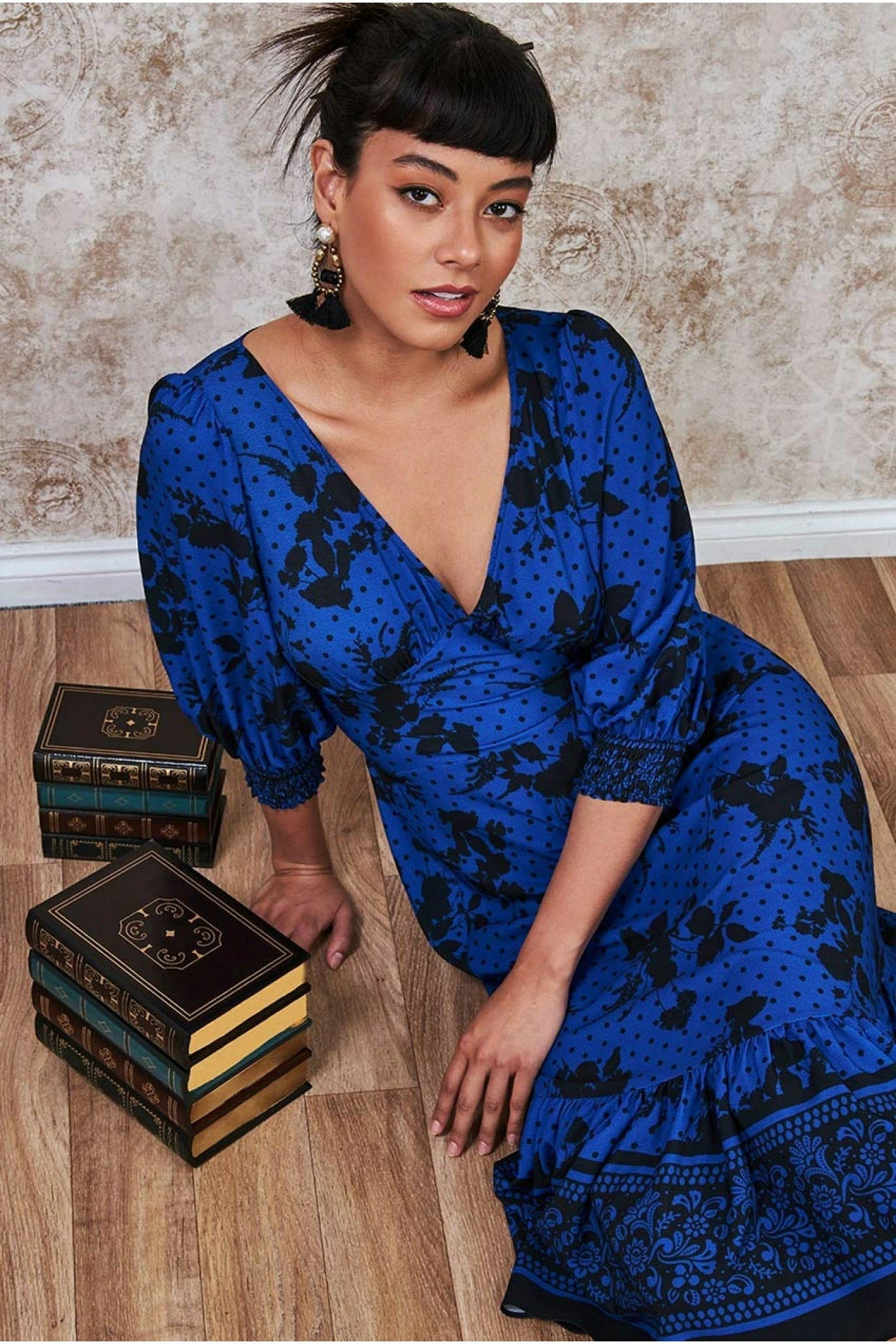 Goddiva Floral Print Puff Sleeve Midi Dress - Royalblue 3 Goddiva Floral Print Puff Sleeve Midi Dress - Royalblue - Image 3