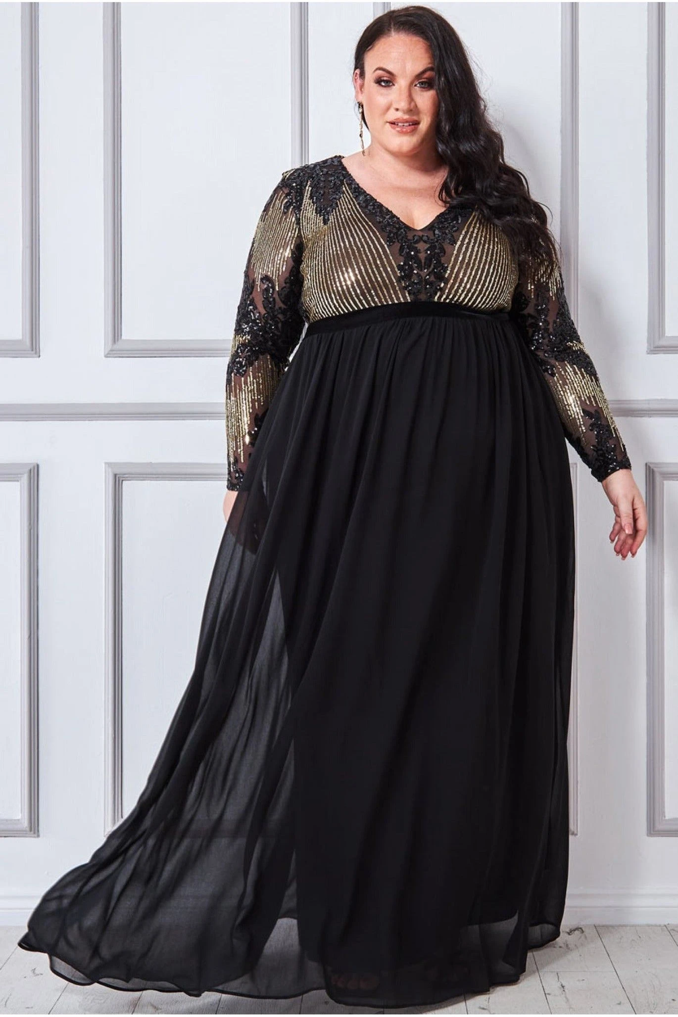 Goddiva Plus Sequin Mesh Bodice Maxi Dress - Black 1 Goddiva Plus Sequin Mesh Bodice Maxi Dress - Black