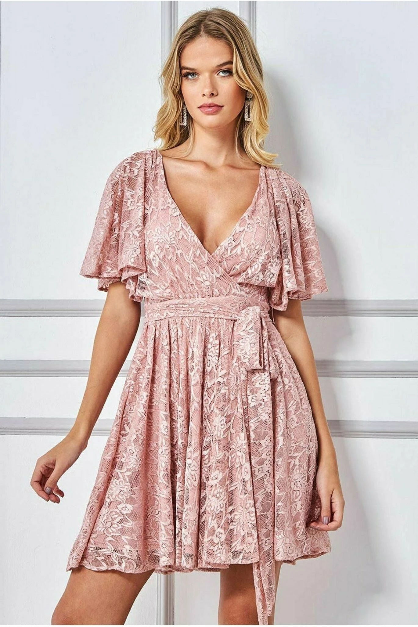 Goddiva Lace Kimono Wrap Skater Mini Dress - Blush 1 Goddiva Lace Kimono Wrap Skater Mini Dress - Blush