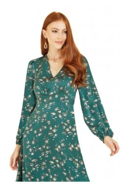 Yumi Green Pebble Print Long Sleeve Midi Dress -Yumi Clothing Shop UrX0CpUH 13360